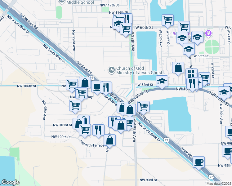 map of restaurants, bars, coffee shops, grocery stores, and more near in Hialeah Gardens