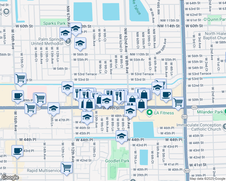 map of restaurants, bars, coffee shops, grocery stores, and more near 880 West 51st Place in Hialeah