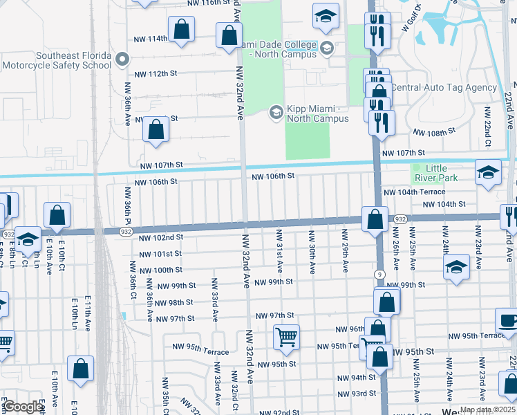 map of restaurants, bars, coffee shops, grocery stores, and more near 10400 Northwest 31st Court in Miami