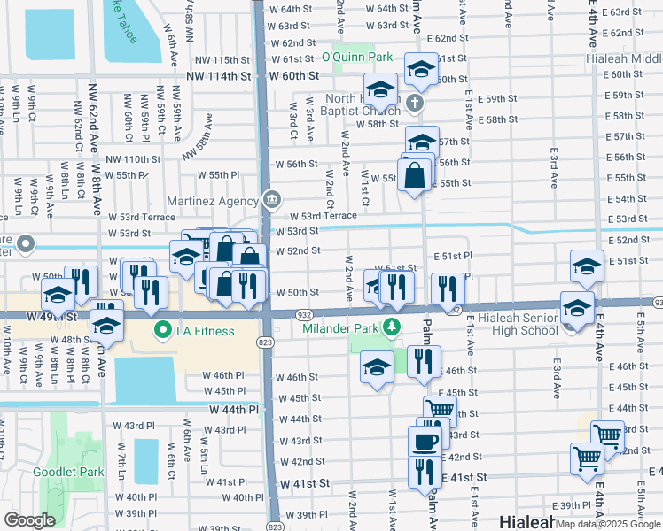 map of restaurants, bars, coffee shops, grocery stores, and more near 245 West 51st Street in Hialeah