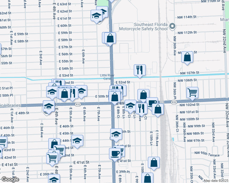 map of restaurants, bars, coffee shops, grocery stores, and more near 5005 East 8th Avenue in Hialeah