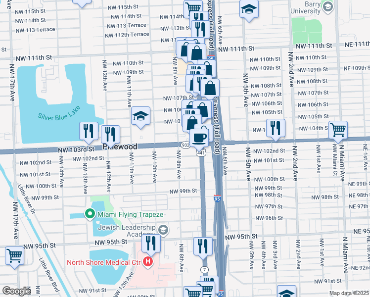 map of restaurants, bars, coffee shops, grocery stores, and more near 746 Northwest 103rd Street in Miami
