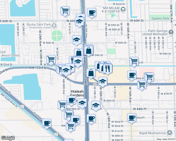map of restaurants, bars, coffee shops, grocery stores, and more near West 20th Avenue in Hialeah