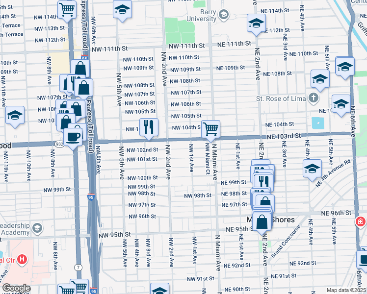 map of restaurants, bars, coffee shops, grocery stores, and more near 123 Northwest 102nd Street in Miami Shores