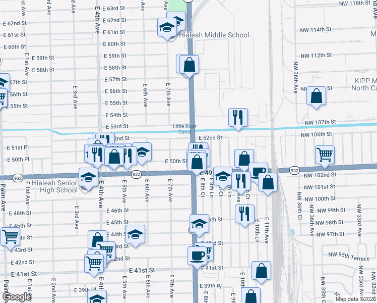map of restaurants, bars, coffee shops, grocery stores, and more near 5005 East 8th Avenue in Hialeah