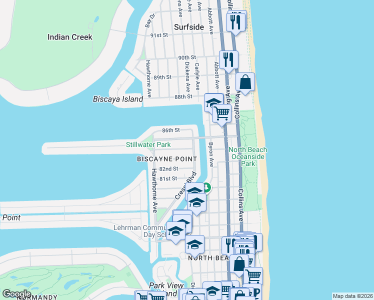 map of restaurants, bars, coffee shops, grocery stores, and more near 8340 Crespi Boulevard in Miami Beach
