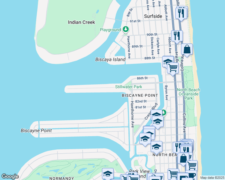 map of restaurants, bars, coffee shops, grocery stores, and more near 1110 Stillwater Drive in Miami Beach