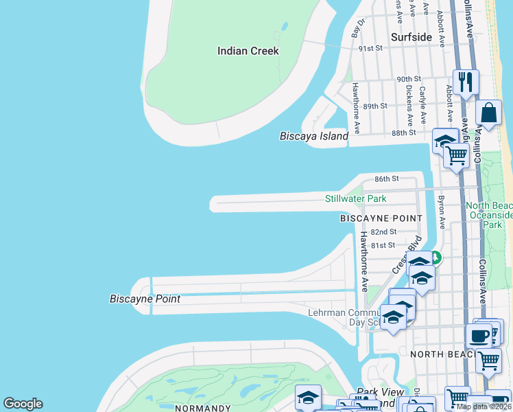map of restaurants, bars, coffee shops, grocery stores, and more near 1450 Stillwater Drive in Miami Beach