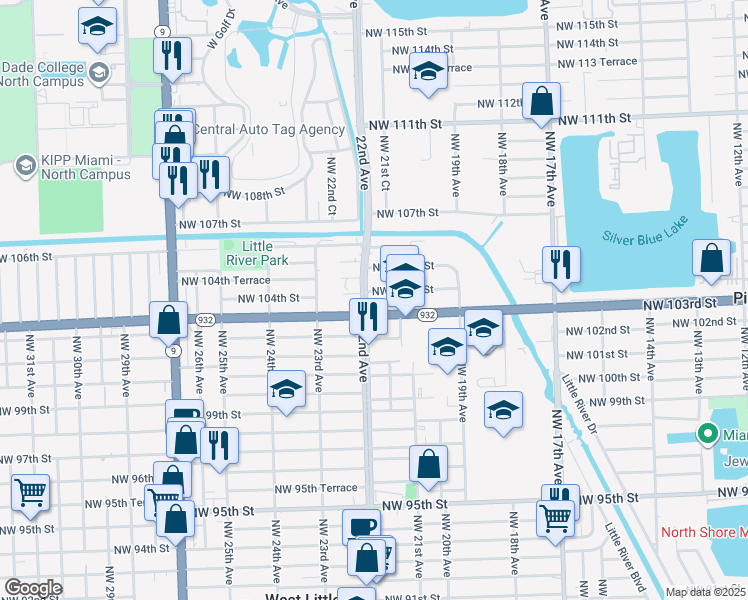 map of restaurants, bars, coffee shops, grocery stores, and more near 10323 Northwest 22nd Avenue in Miami