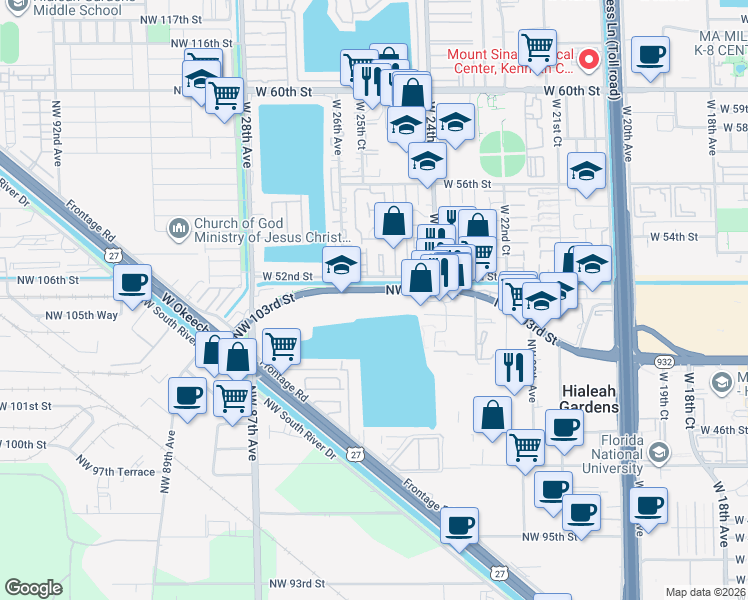map of restaurants, bars, coffee shops, grocery stores, and more near 8302 Northwest 103rd Street in Hialeah
