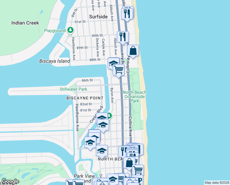 map of restaurants, bars, coffee shops, grocery stores, and more near 338 84th Street in Miami Beach