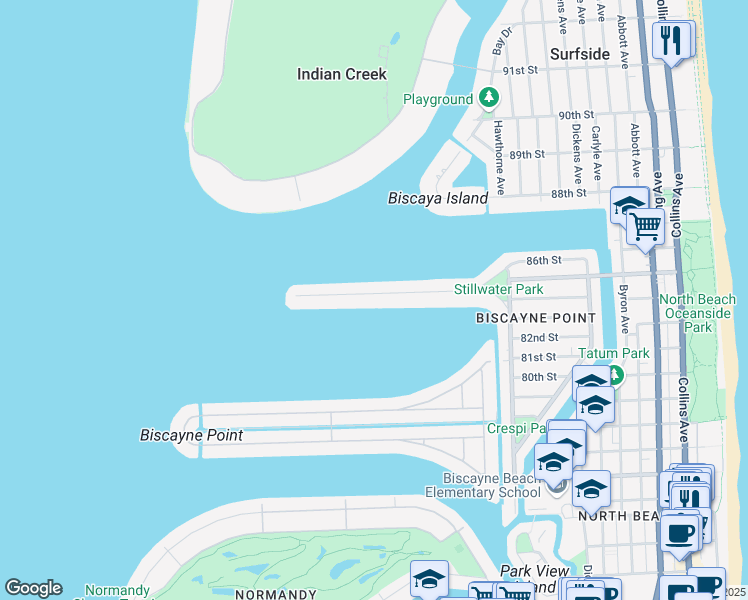 map of restaurants, bars, coffee shops, grocery stores, and more near 1340 Stillwater Drive in Miami Beach