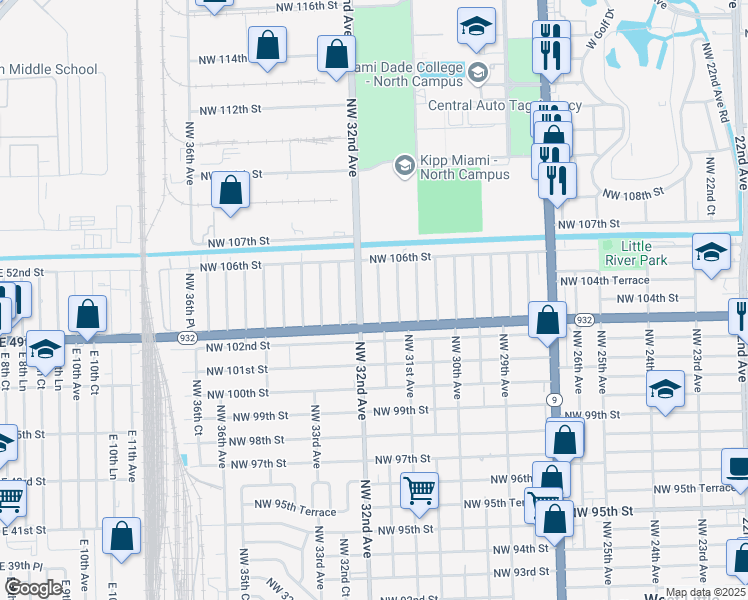 map of restaurants, bars, coffee shops, grocery stores, and more near 10400 Northwest 31st Court in Miami