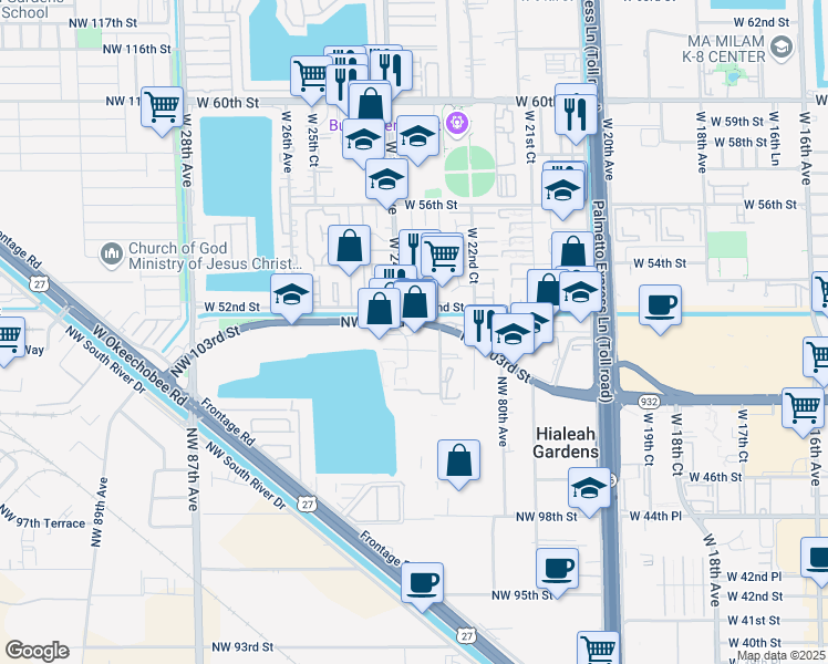 map of restaurants, bars, coffee shops, grocery stores, and more near 163 Royal Palm Road in Hialeah Gardens