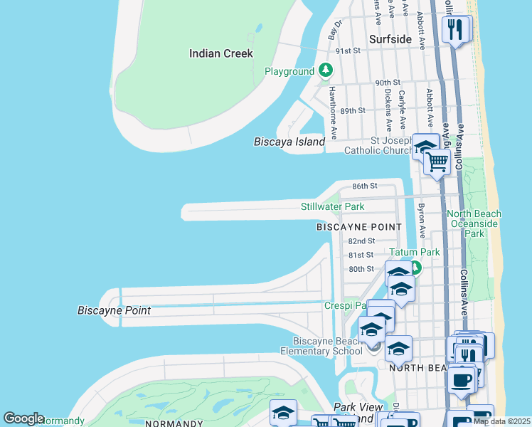 map of restaurants, bars, coffee shops, grocery stores, and more near 1230 Stillwater Drive in Miami Beach