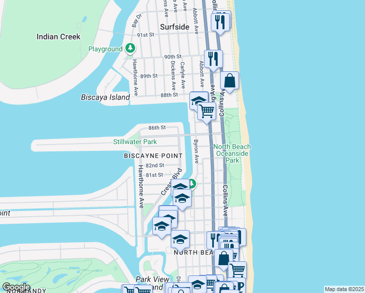 map of restaurants, bars, coffee shops, grocery stores, and more near 8340 Crespi Boulevard in Miami Beach