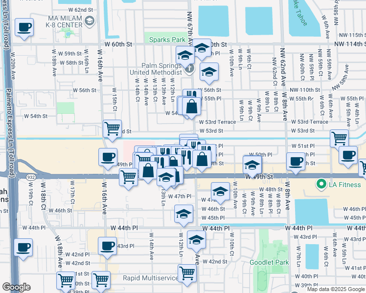 map of restaurants, bars, coffee shops, grocery stores, and more near 1332 West 12th Court in Hialeah