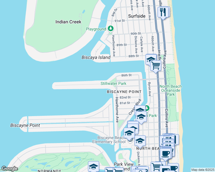map of restaurants, bars, coffee shops, grocery stores, and more near 950 Stillwater Drive in Miami Beach