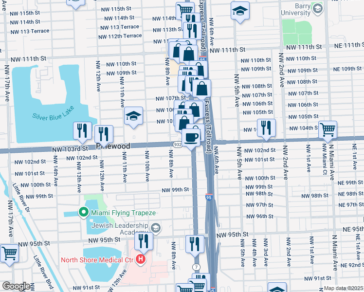 map of restaurants, bars, coffee shops, grocery stores, and more near 746 Northwest 103rd Street in Miami