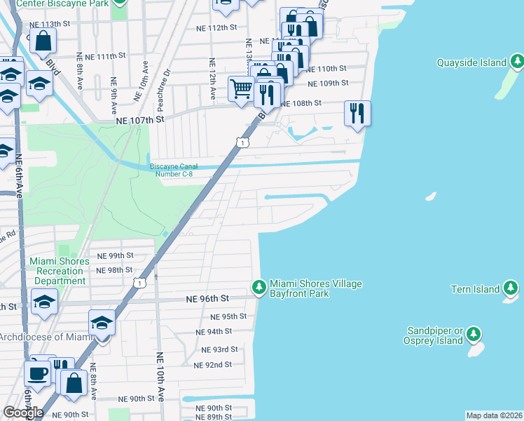 map of restaurants, bars, coffee shops, grocery stores, and more near 1350 Northeast 102nd Street in Miami Shores
