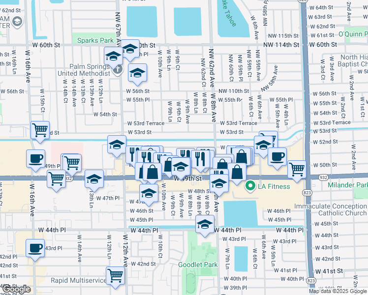map of restaurants, bars, coffee shops, grocery stores, and more near 880 West 51st Place in Hialeah