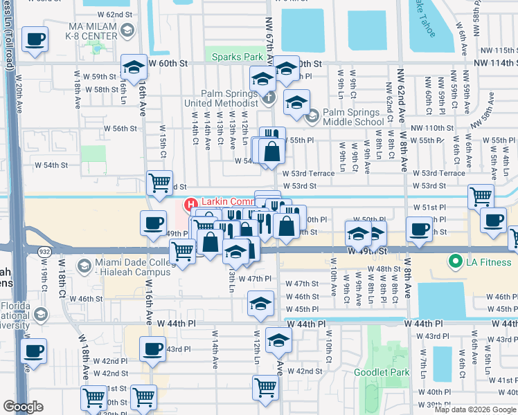 map of restaurants, bars, coffee shops, grocery stores, and more near 1332 West 12th Court in Hialeah