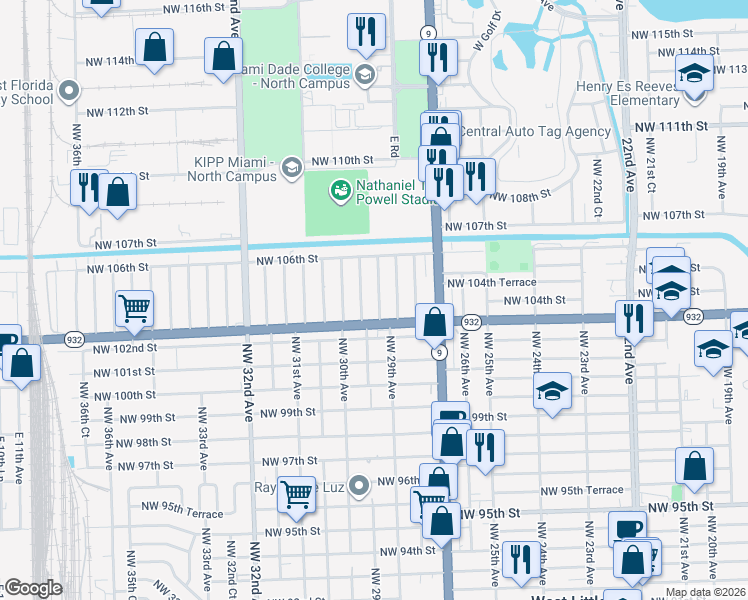 map of restaurants, bars, coffee shops, grocery stores, and more near 10336 Northwest 29th Avenue in Miami