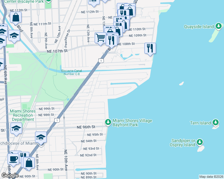map of restaurants, bars, coffee shops, grocery stores, and more near 1350 Northeast 102nd Street in Miami Shores