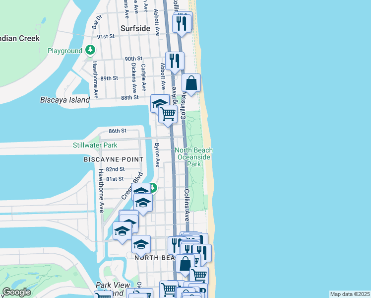 map of restaurants, bars, coffee shops, grocery stores, and more near Collins Ave & 84th St in Miami Beach
