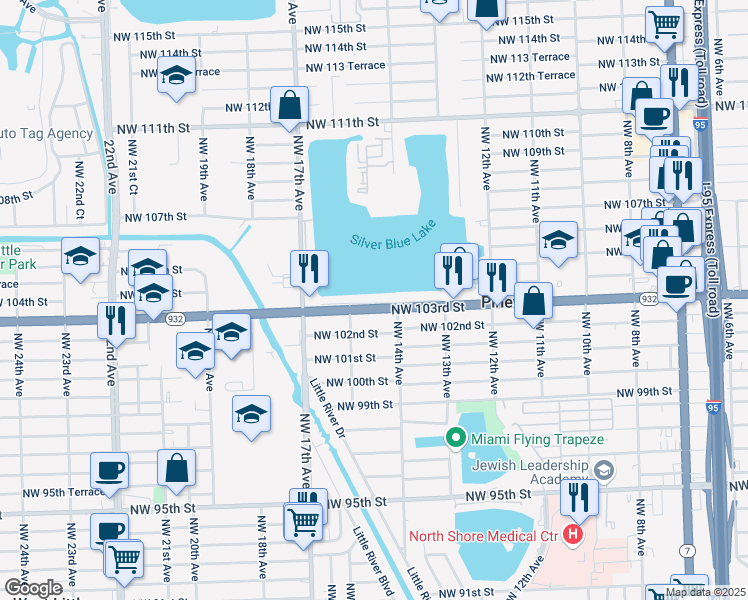 map of restaurants, bars, coffee shops, grocery stores, and more near 1421 Northwest 103rd Street in Miami