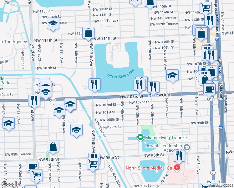 map of restaurants, bars, coffee shops, grocery stores, and more near 1421 Northwest 103rd Street in Miami