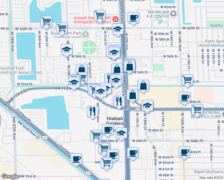 map of restaurants, bars, coffee shops, grocery stores, and more near 208 Northwest 77th Court in Hialeah Gardens