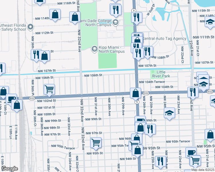 map of restaurants, bars, coffee shops, grocery stores, and more near 10400 Northwest 30th Avenue in Miami