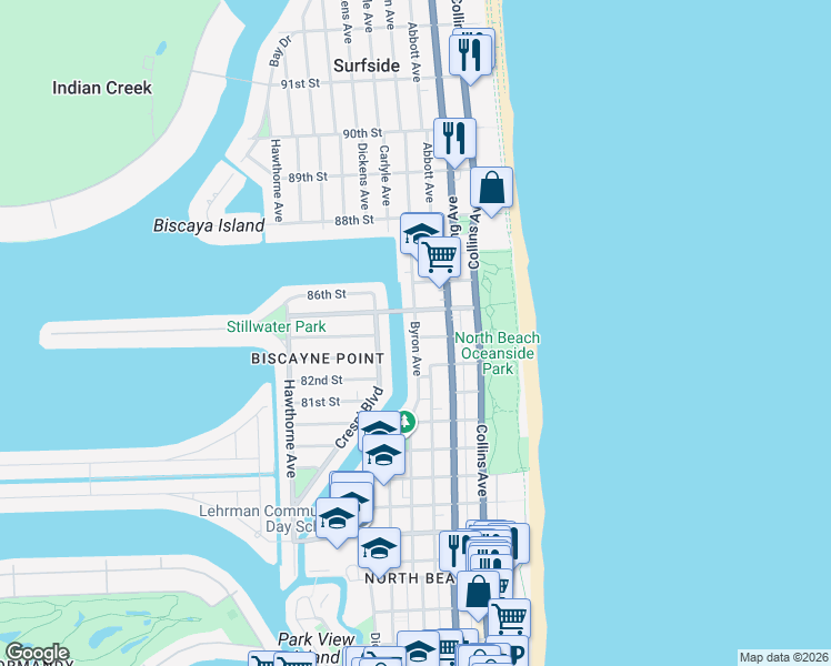 map of restaurants, bars, coffee shops, grocery stores, and more near 8400 Byron Avenue in Miami Beach