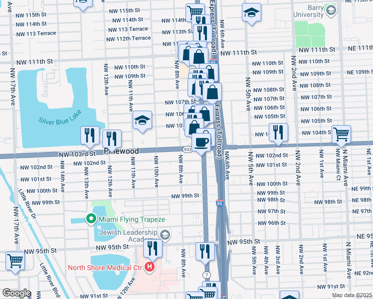 map of restaurants, bars, coffee shops, grocery stores, and more near 746 Northwest 103rd Street in Miami