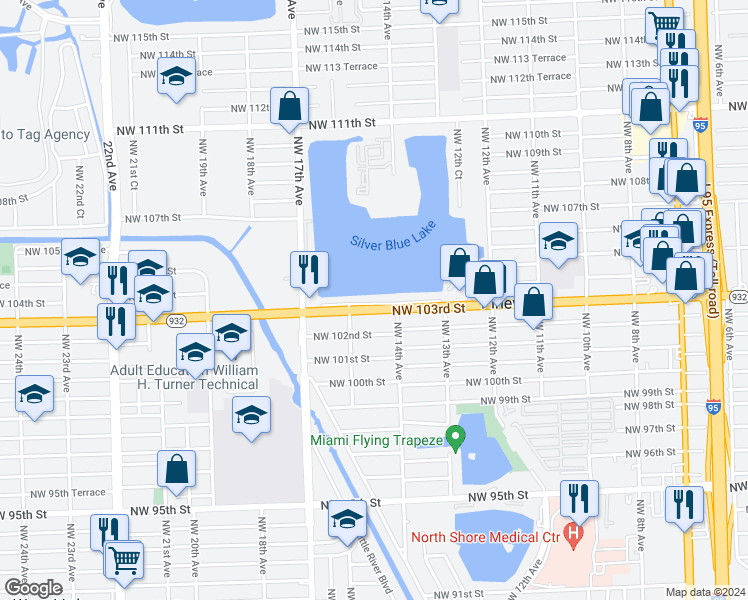 map of restaurants, bars, coffee shops, grocery stores, and more near 1421 Northwest 103rd Street in Miami