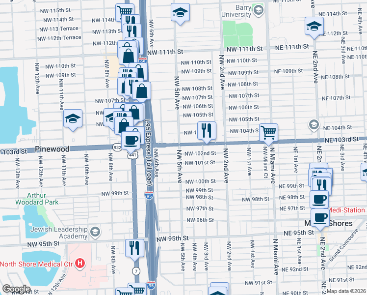 map of restaurants, bars, coffee shops, grocery stores, and more near 402 Northwest 103rd Street in Miami