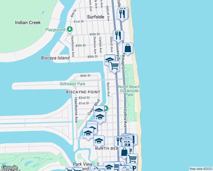 map of restaurants, bars, coffee shops, grocery stores, and more near 8400 Byron Avenue in Miami Beach