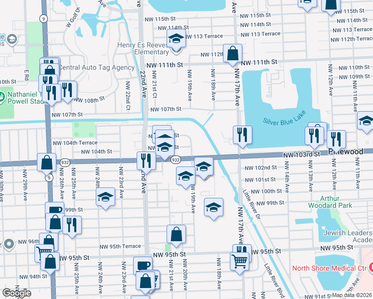 map of restaurants, bars, coffee shops, grocery stores, and more near 1950 Northwest 104th Street in Miami