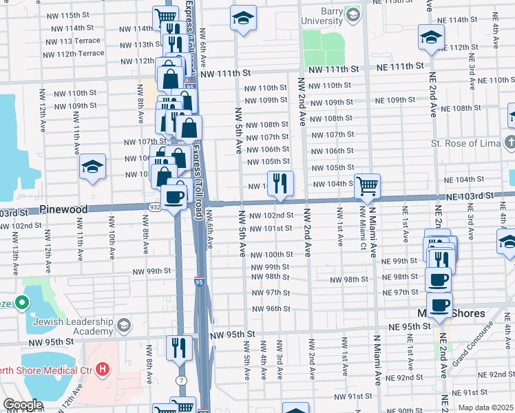 map of restaurants, bars, coffee shops, grocery stores, and more near 402 Northwest 103rd Street in Miami