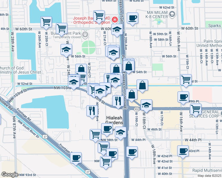 map of restaurants, bars, coffee shops, grocery stores, and more near 208 Northwest 77th Court in Hialeah Gardens