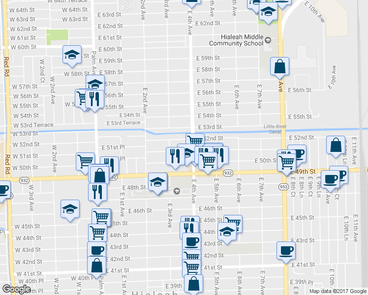 map of restaurants, bars, coffee shops, grocery stores, and more near 359 East 51st Street in Hialeah