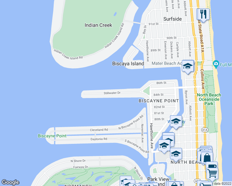 map of restaurants, bars, coffee shops, grocery stores, and more near Stillwater Drive in Miami Beach