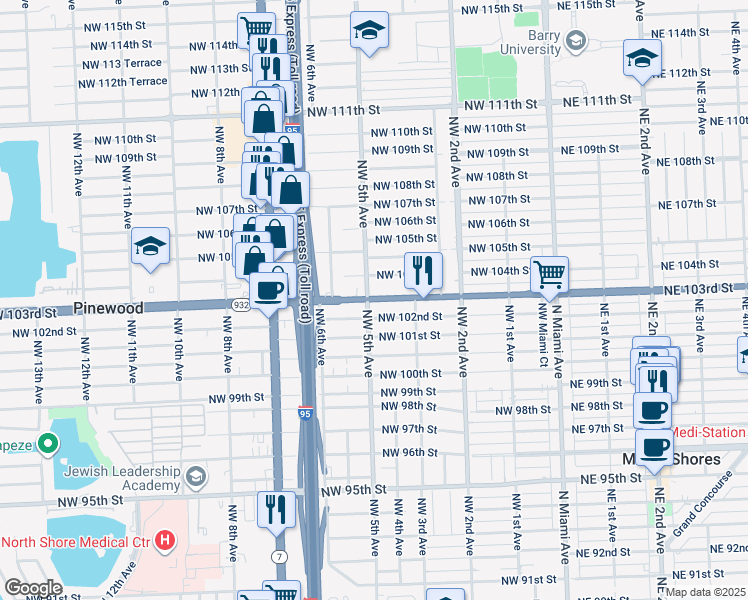 map of restaurants, bars, coffee shops, grocery stores, and more near 402 Northwest 103rd Street in Miami