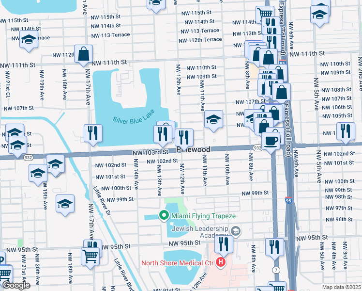 map of restaurants, bars, coffee shops, grocery stores, and more near 1186 Northwest 103rd Street in Miami