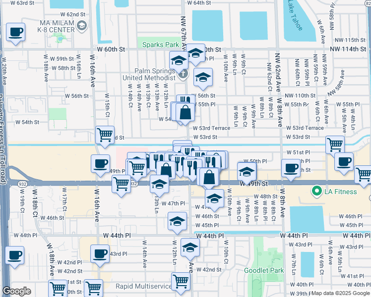 map of restaurants, bars, coffee shops, grocery stores, and more near 312 West 12th Avenue in Hialeah