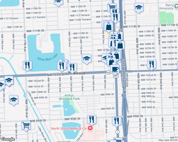 map of restaurants, bars, coffee shops, grocery stores, and more near 1050 Florida 932 in Miami