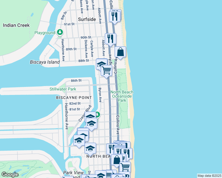 map of restaurants, bars, coffee shops, grocery stores, and more near 8400 Florida A1A in Miami Beach