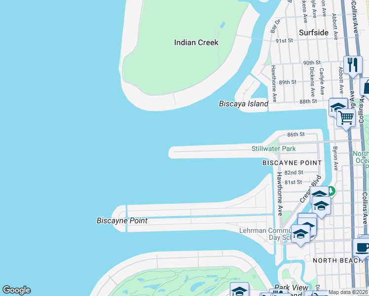 map of restaurants, bars, coffee shops, grocery stores, and more near 1550 Stillwater Drive in Miami Beach