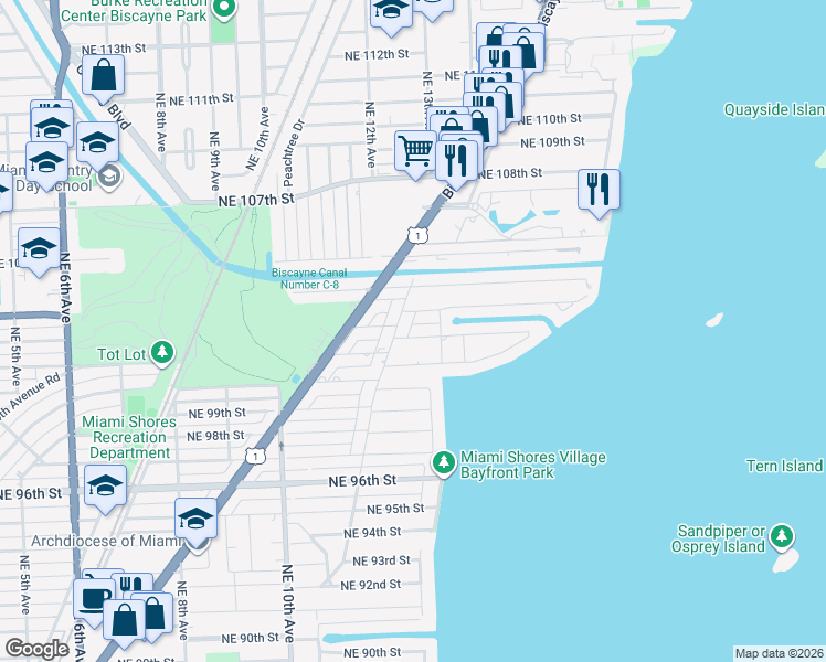 map of restaurants, bars, coffee shops, grocery stores, and more near 1270 Northeast 102nd Street in Miami Shores